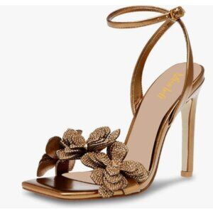 miss left Gold Rhinestones Stiletto Heel Sandals Buckle Flower Embellished Shoes